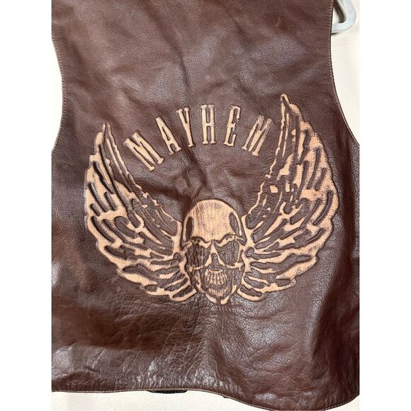 Xelement Vintage Mayhem Skull Brown Leather Biker Vest Sz 2XL - Picture 6 of 9
